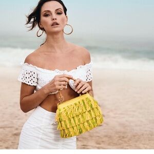 ERIC JAVITS L’il MAMBO RAFFIA FRINGE BAMBOO HANDLE HANDBAG CHARTREUSE